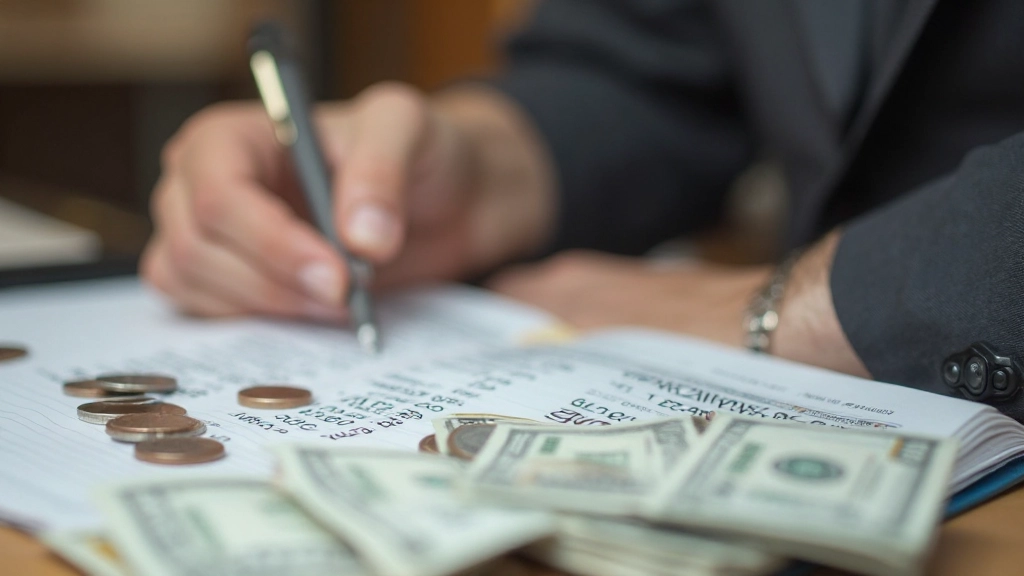 Рука пишет цифры расходов в таблицу, рядом лежат монеты и банкноты