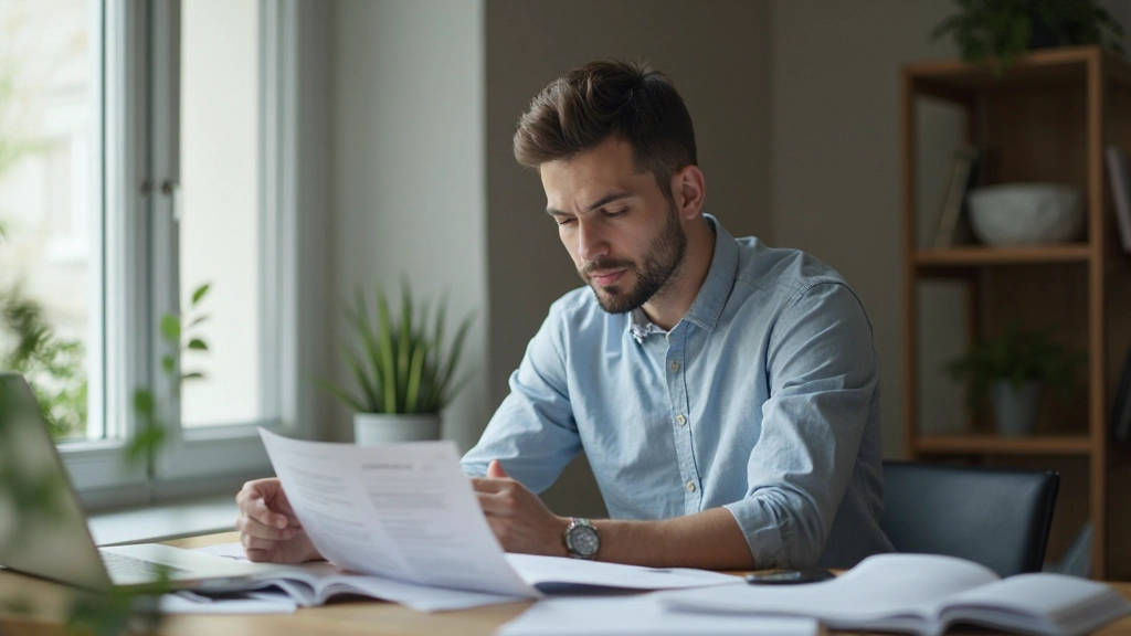 Человек анализирует финансовые документы и записи в блокноте, работает с бюджетом