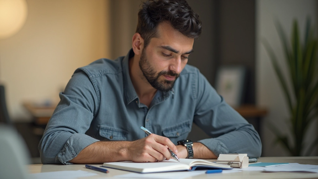 Человек планирует бюджет, записывает финансовые цели в тетрадь, теплое освещение, минималистичный интерьер