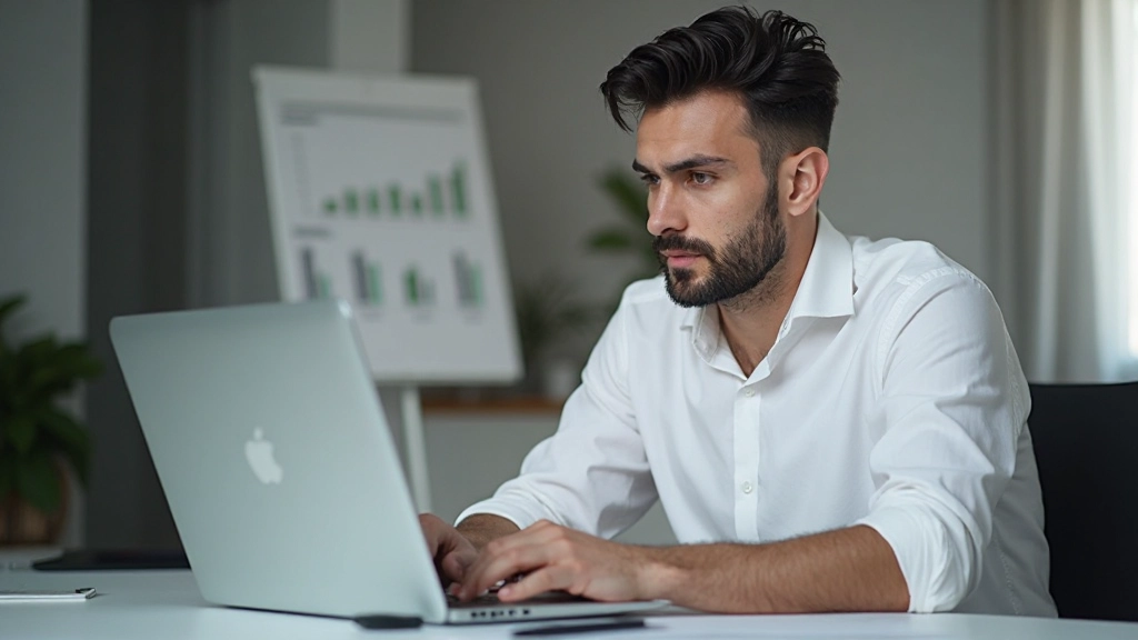 Профессиональное фото мужчины в возрасте 35 лет, одетого в белую рубашку, сидящего за столом перед ноутбуком с графиком на экране, портрет от груди, офисное освещение, размытый фон