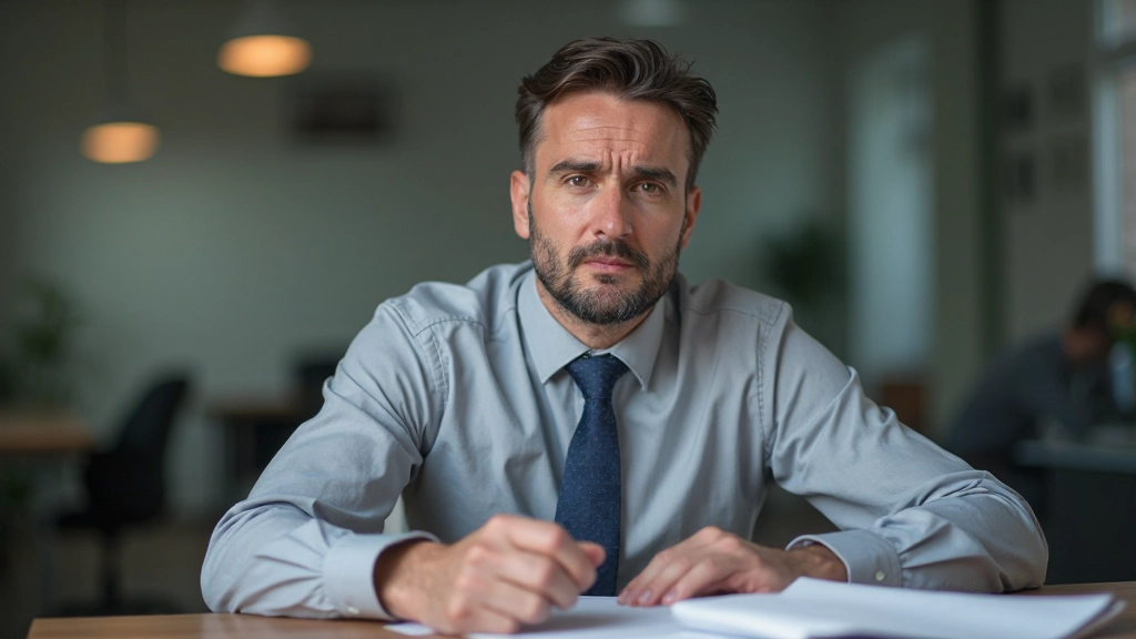 Человек с головной болью смотрит на счета и квитанции, финансовые проблемы