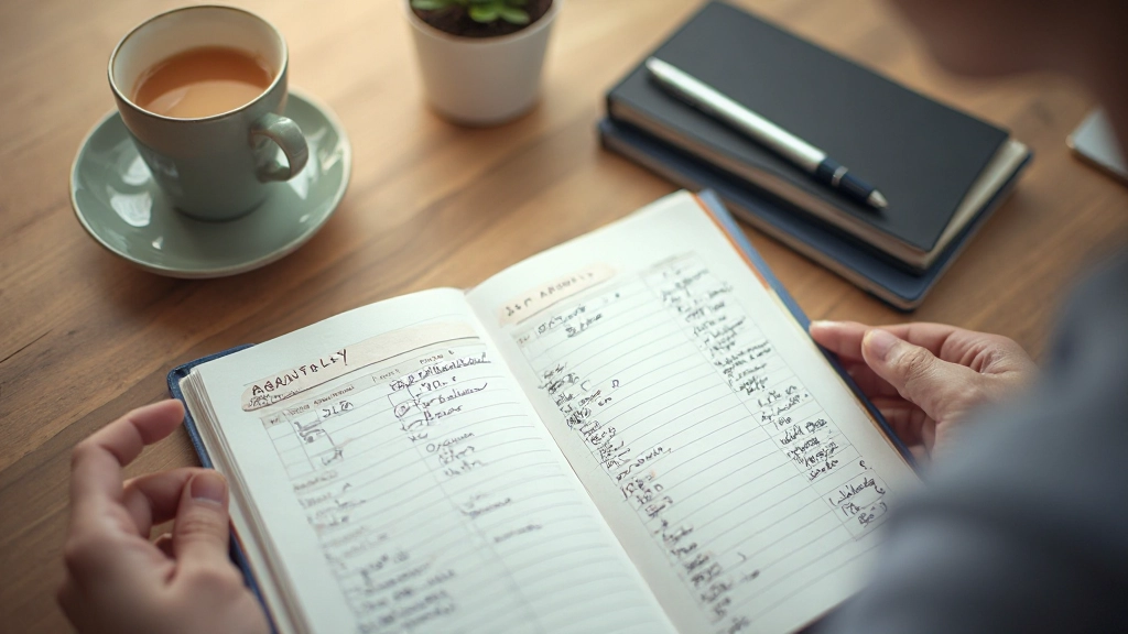 Открытый планер с ручкой на столе, чашка кофе рядом