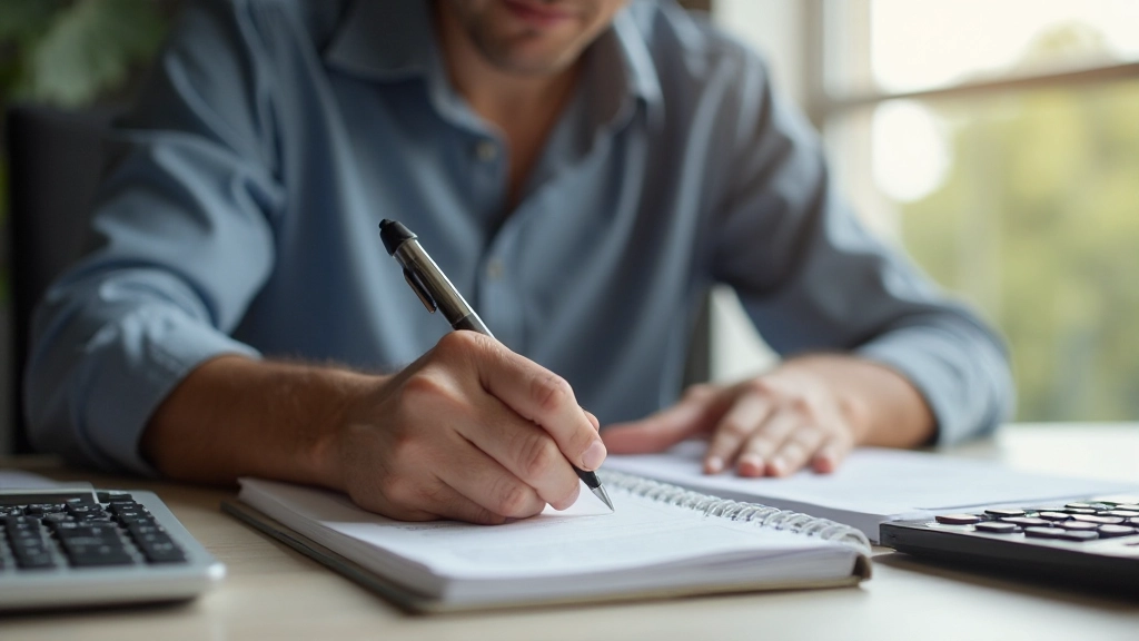 Человек заполняет таблицу расходов в блокноте рядом с калькулятором