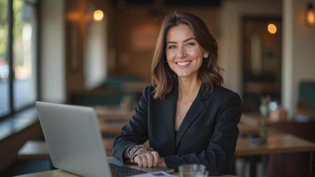 Профессиональное фото женщины в возрасте 30 лет, одетой в тёмный пиджак, сидящей с ноутбуком в кафе, портрет от груди, улыбается, естественное освещение, размытый фон