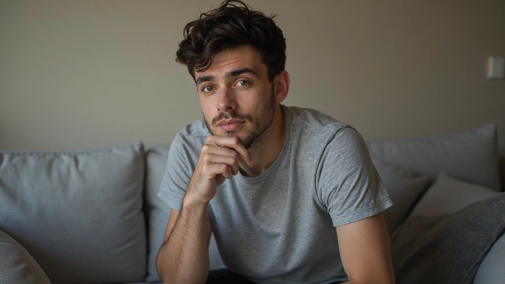 Профессиональное фото молодого человека в возрасте 26 лет, одетого в серую футболку, лежащего на диване с расстроенным выражением лица, портрет от груди, домашнее освещение, размытый фон